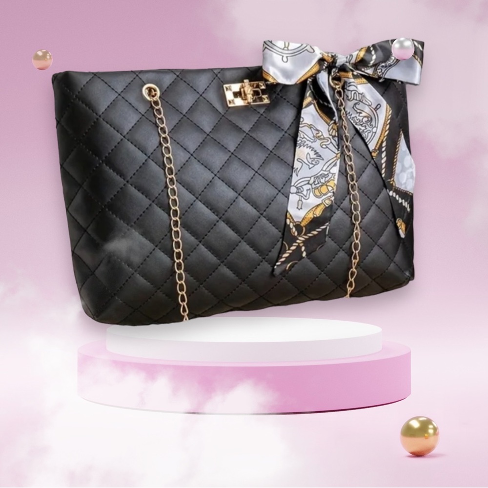 Black Quilted Tote Bag with Scarf Accent - Women's Chain Handle Shoulder Bag
